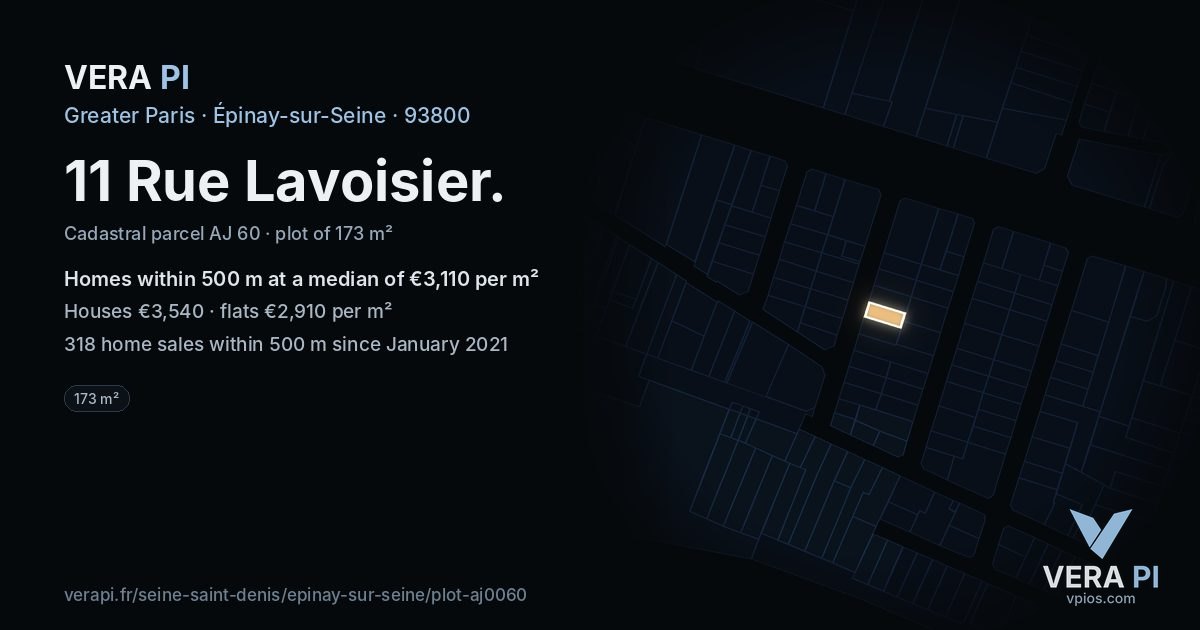 11 Rue Lavoisier, Épinay-sur-Seine at night – the plot lit, the parcels around coloured by the prices near them