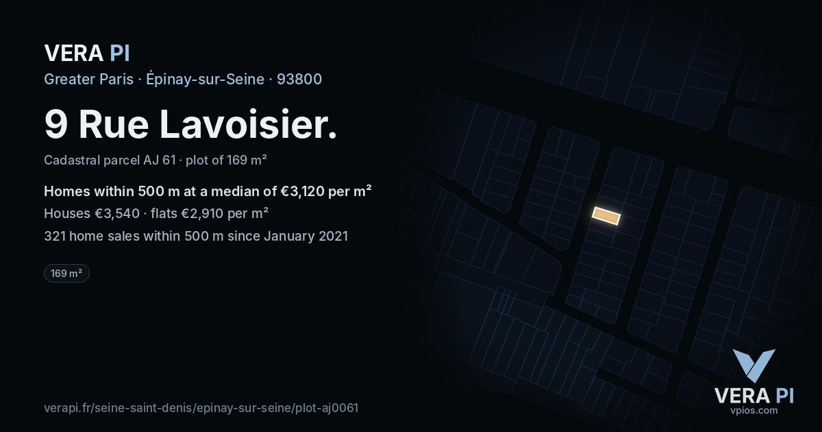 9 Rue Lavoisier, Épinay-sur-Seine at night – the plot lit, the parcels around coloured by the prices near them