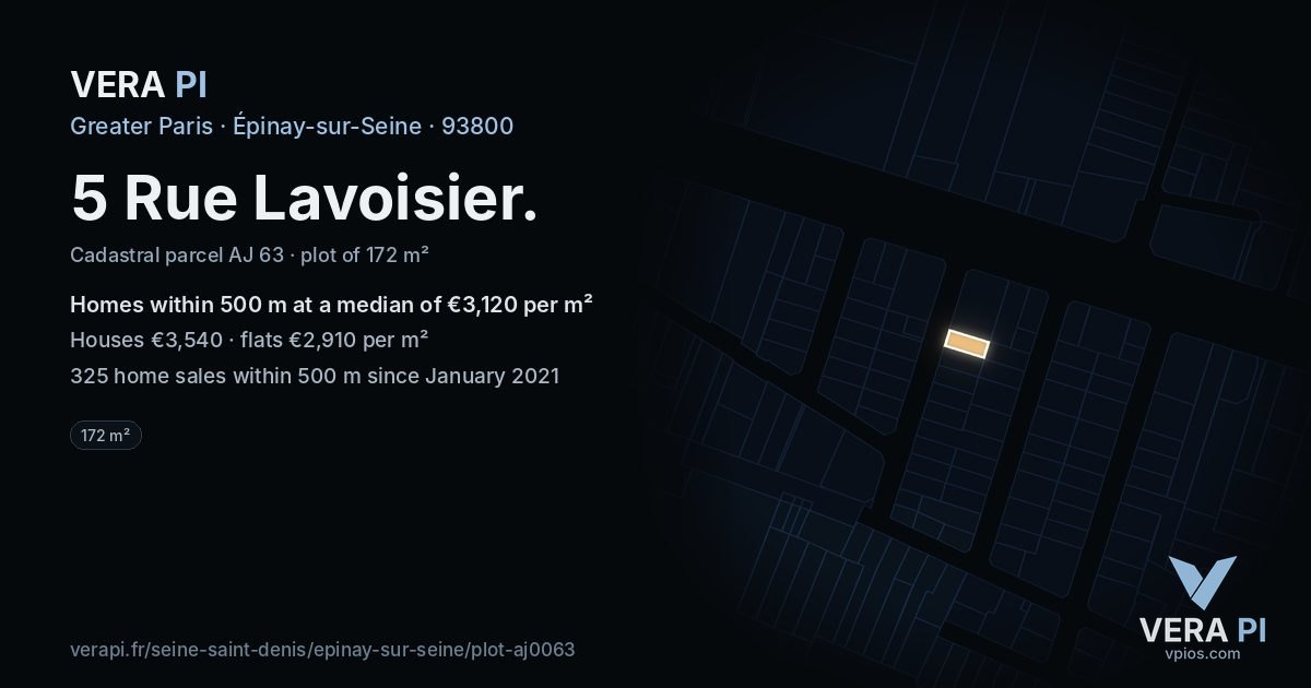 5 Rue Lavoisier, Épinay-sur-Seine at night – the plot lit, the parcels around coloured by the prices near them
