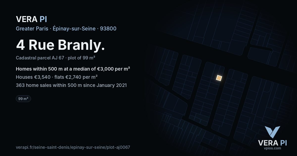 4 Rue Branly, Épinay-sur-Seine at night – the plot lit, the parcels around coloured by the prices near them