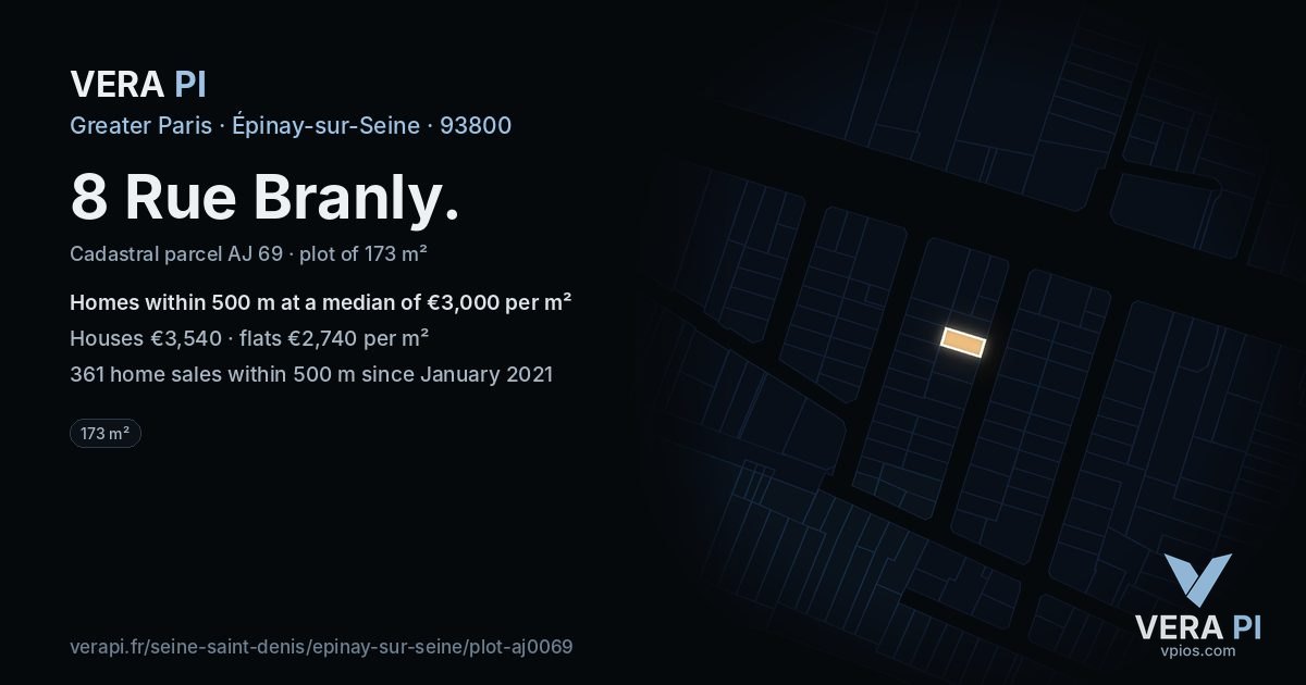 8 Rue Branly, Épinay-sur-Seine at night – the plot lit, the parcels around coloured by the prices near them