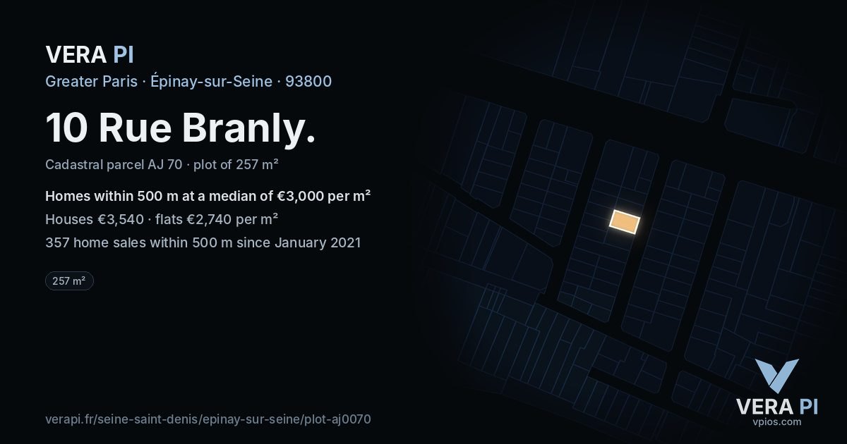 10 Rue Branly, Épinay-sur-Seine at night – the plot lit, the parcels around coloured by the prices near them