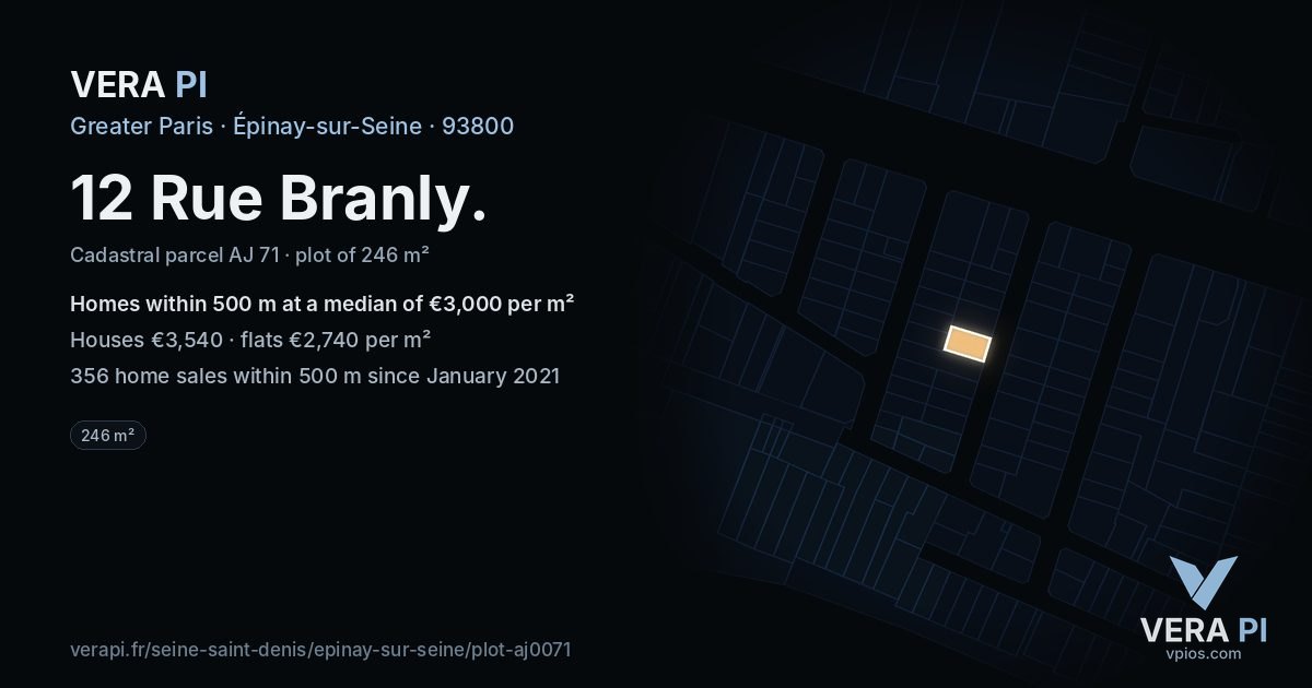 12 Rue Branly, Épinay-sur-Seine at night – the plot lit, the parcels around coloured by the prices near them