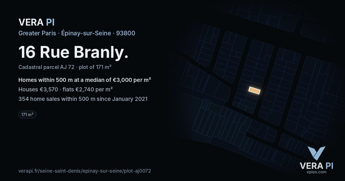 16 Rue Branly, Épinay-sur-Seine at night – the plot lit, the parcels around coloured by the prices near them