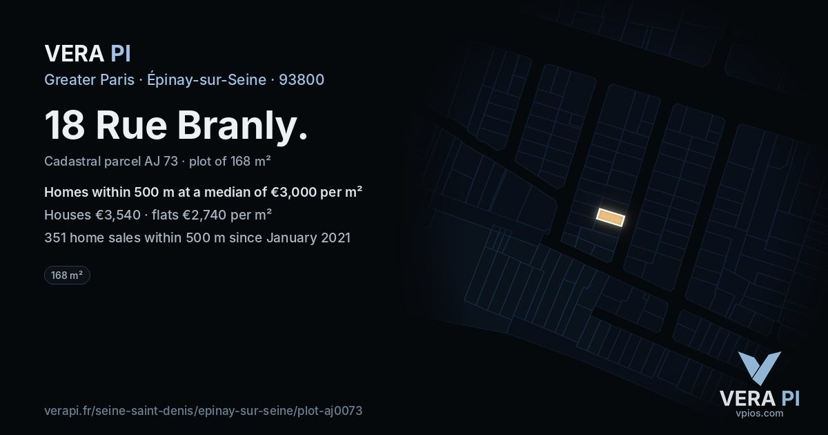 18 Rue Branly, Épinay-sur-Seine at night – the plot lit, the parcels around coloured by the prices near them