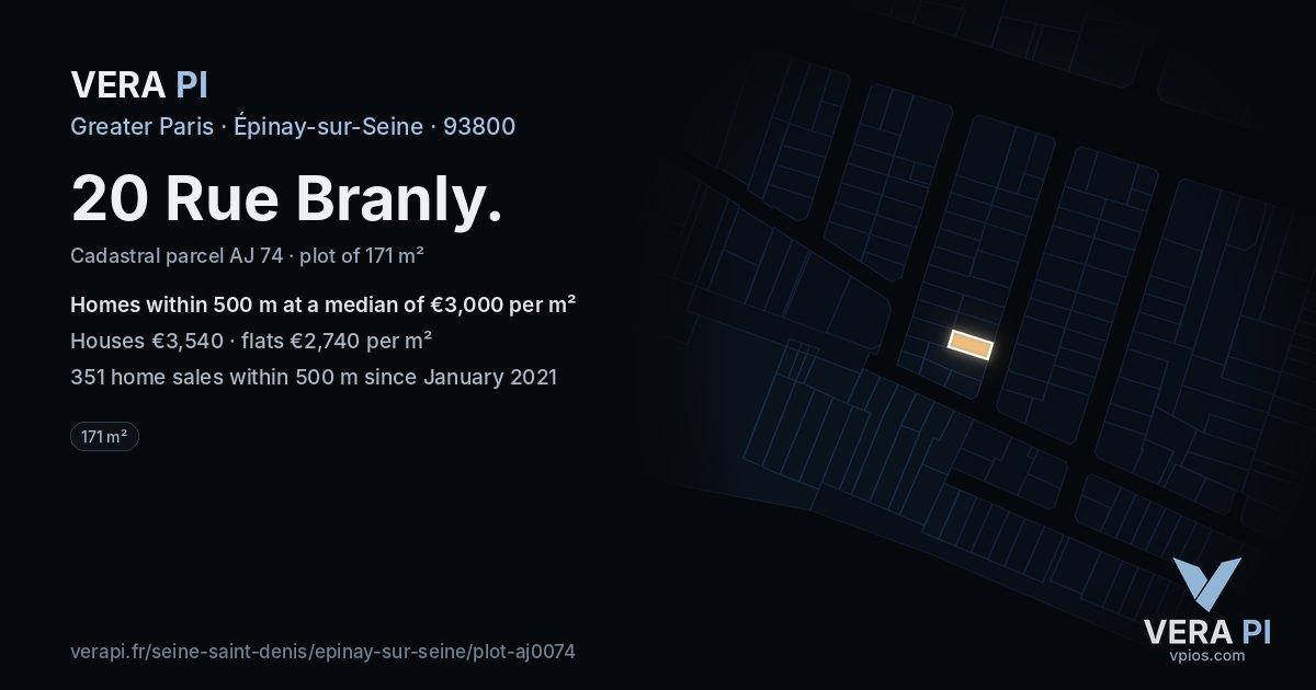 20 Rue Branly, Épinay-sur-Seine at night – the plot lit, the parcels around coloured by the prices near them