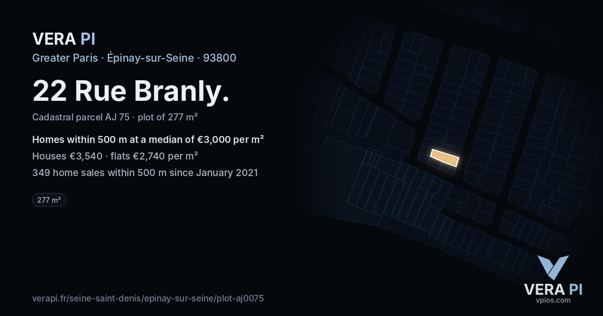 22 Rue Branly, Épinay-sur-Seine at night – the plot lit, the parcels around coloured by the prices near them