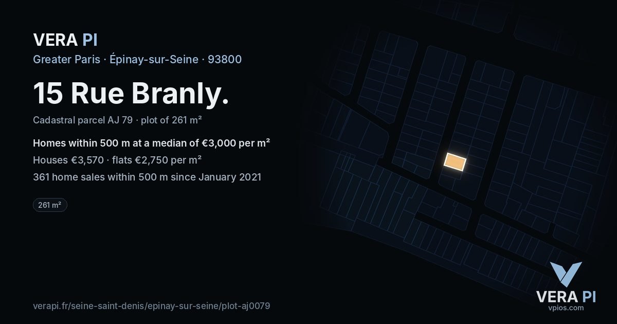 15 Rue Branly, Épinay-sur-Seine at night – the plot lit, the parcels around coloured by the prices near them