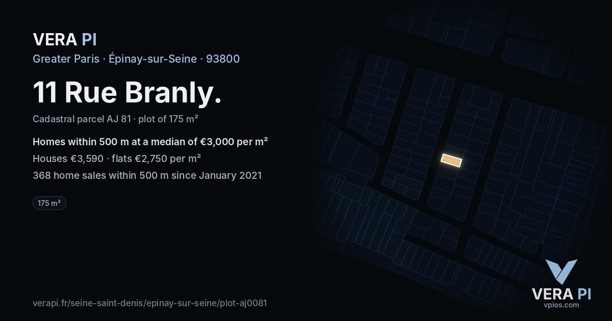 11 Rue Branly, Épinay-sur-Seine at night – the plot lit, the parcels around coloured by the prices near them