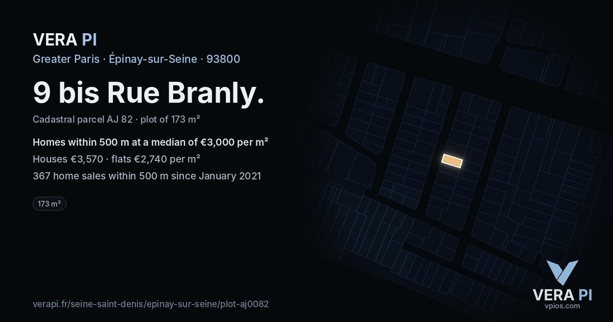 9 bis Rue Branly, Épinay-sur-Seine at night – the plot lit, the parcels around coloured by the prices near them