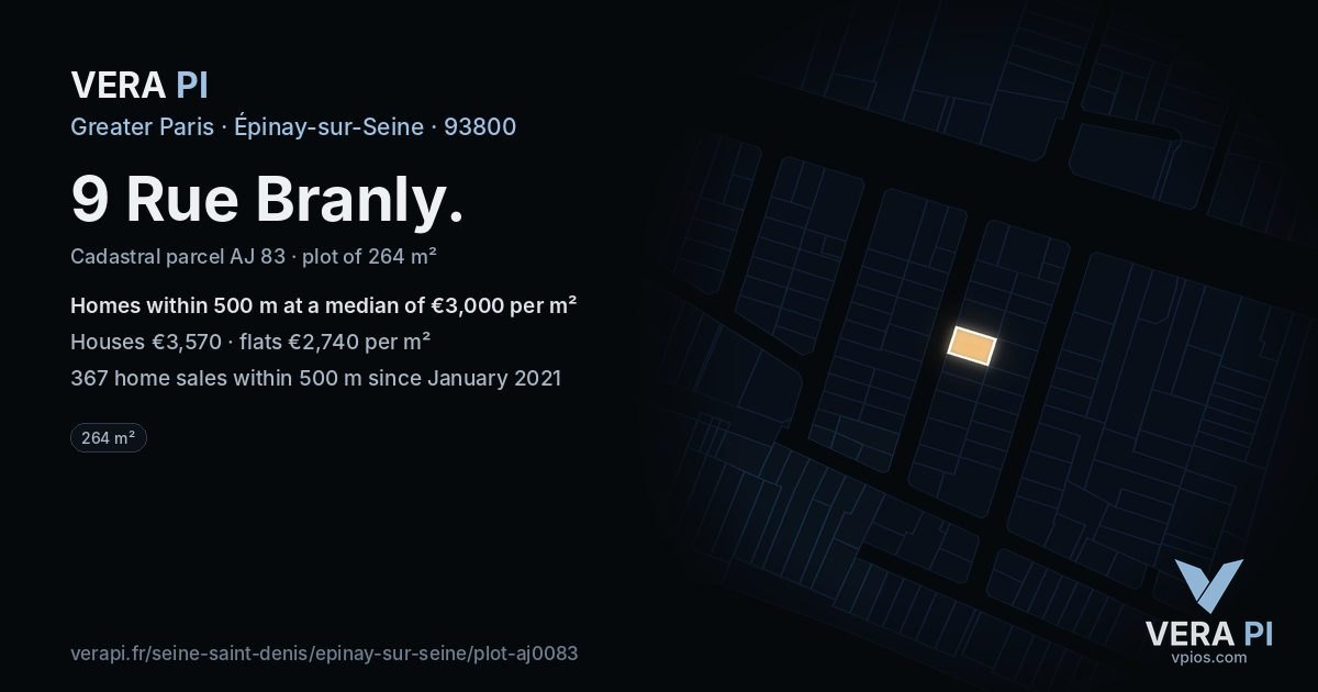 9 Rue Branly, Épinay-sur-Seine at night – the plot lit, the parcels around coloured by the prices near them