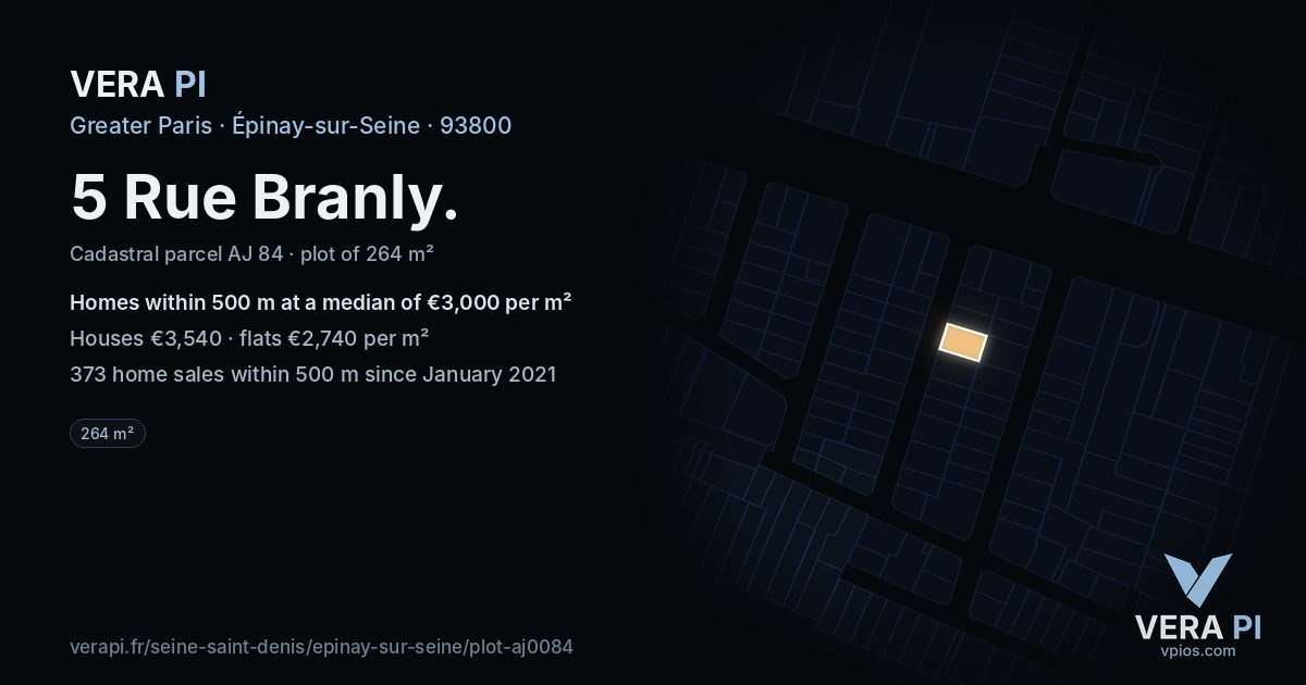 5 Rue Branly, Épinay-sur-Seine at night – the plot lit, the parcels around coloured by the prices near them