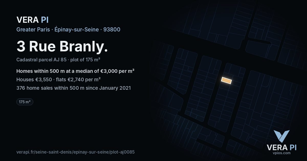3 Rue Branly, Épinay-sur-Seine at night – the plot lit, the parcels around coloured by the prices near them
