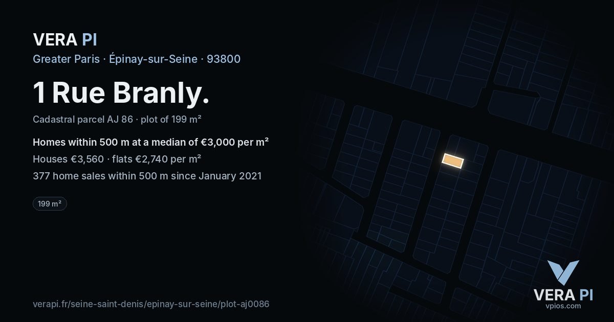 1 Rue Branly, Épinay-sur-Seine at night – the plot lit, the parcels around coloured by the prices near them