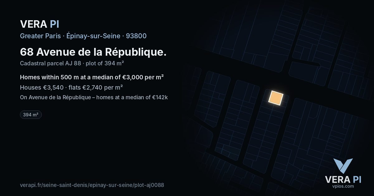 68 Avenue de la République, Épinay-sur-Seine at night – the plot lit, the parcels around coloured by the prices near them