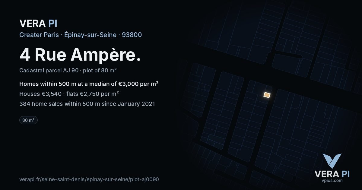 4 Rue Ampère, Épinay-sur-Seine at night – the plot lit, the parcels around coloured by the prices near them