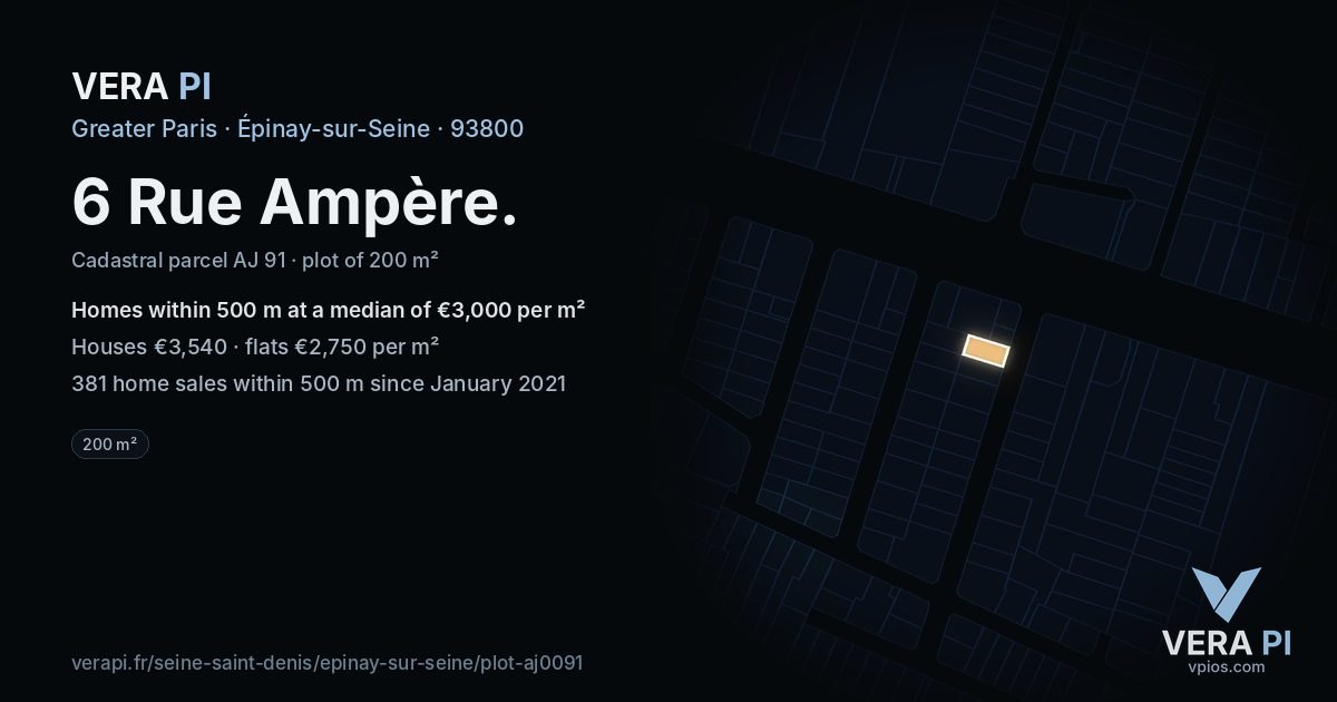 6 Rue Ampère, Épinay-sur-Seine at night – the plot lit, the parcels around coloured by the prices near them