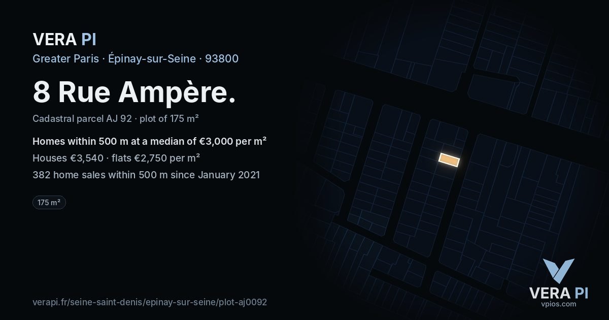 8 Rue Ampère, Épinay-sur-Seine at night – the plot lit, the parcels around coloured by the prices near them