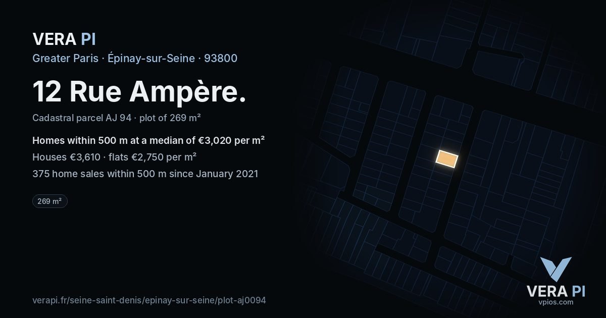 12 Rue Ampère, Épinay-sur-Seine at night – the plot lit, the parcels around coloured by the prices near them