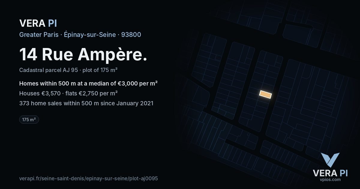 14 Rue Ampère, Épinay-sur-Seine at night – the plot lit, the parcels around coloured by the prices near them