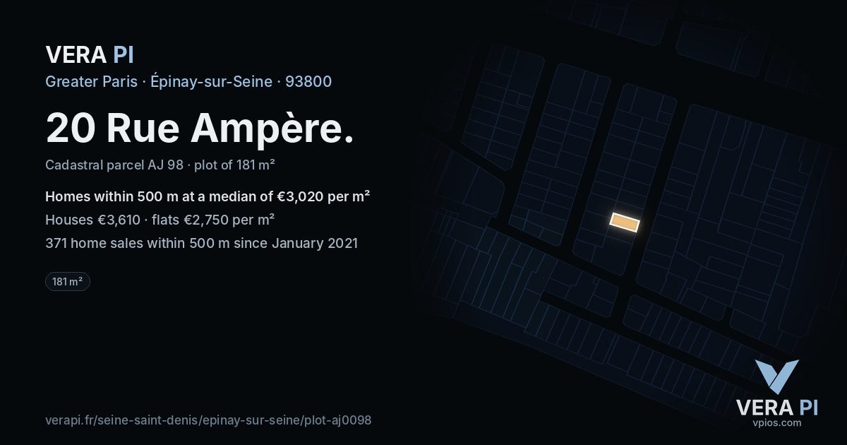 20 Rue Ampère, Épinay-sur-Seine at night – the plot lit, the parcels around coloured by the prices near them
