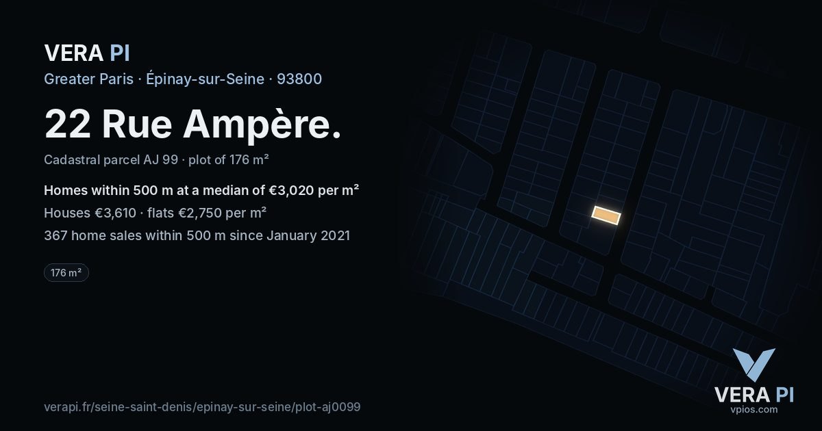 22 Rue Ampère, Épinay-sur-Seine at night – the plot lit, the parcels around coloured by the prices near them