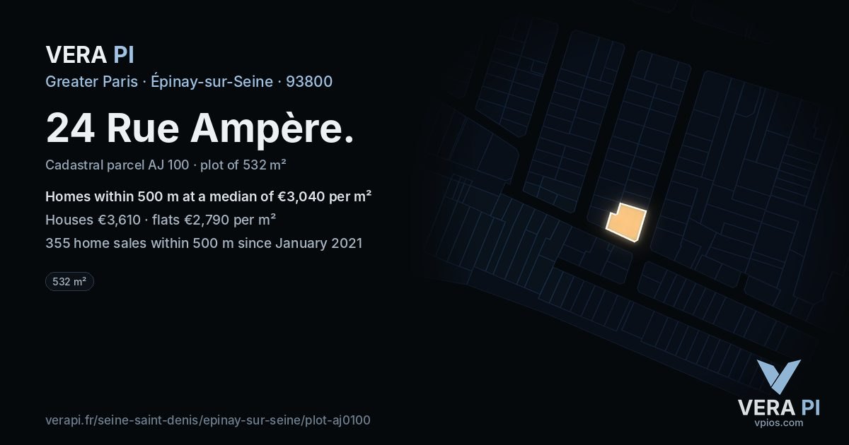 24 Rue Ampère, Épinay-sur-Seine at night – the plot lit, the parcels around coloured by the prices near them