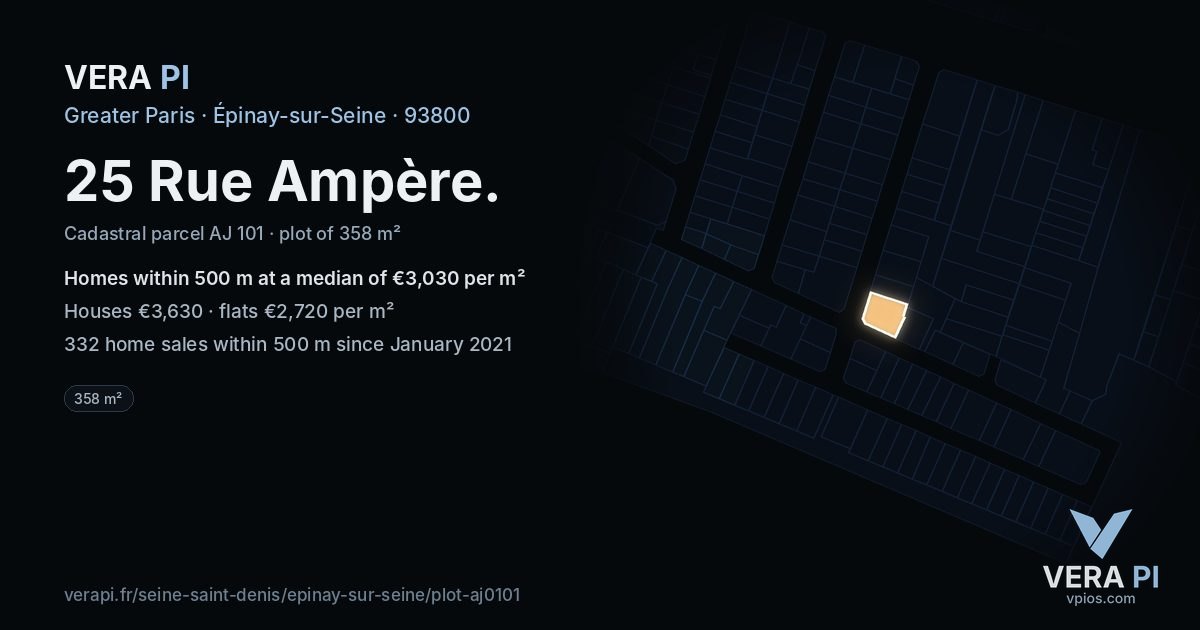 25 Rue Ampère, Épinay-sur-Seine at night – the plot lit, the parcels around coloured by the prices near them