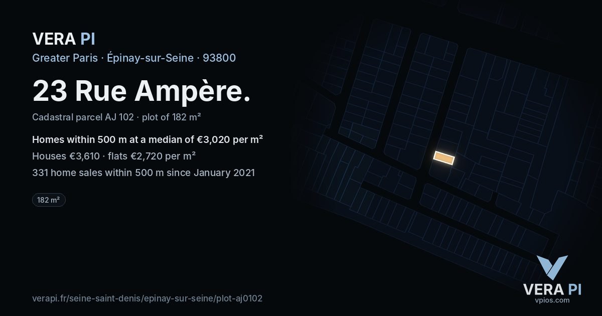 23 Rue Ampère, Épinay-sur-Seine at night – the plot lit, the parcels around coloured by the prices near them
