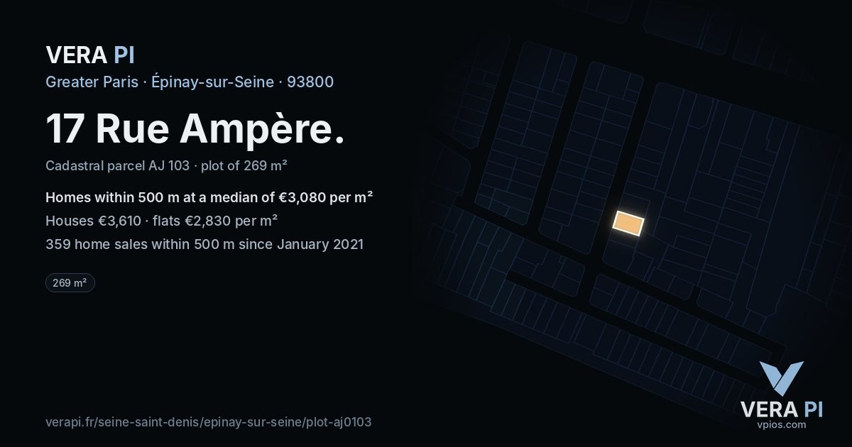 17 Rue Ampère, Épinay-sur-Seine at night – the plot lit, the parcels around coloured by the prices near them