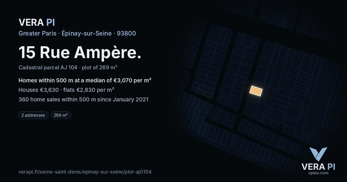 15 Rue Ampère, Épinay-sur-Seine at night – the plot lit, the parcels around coloured by the prices near them