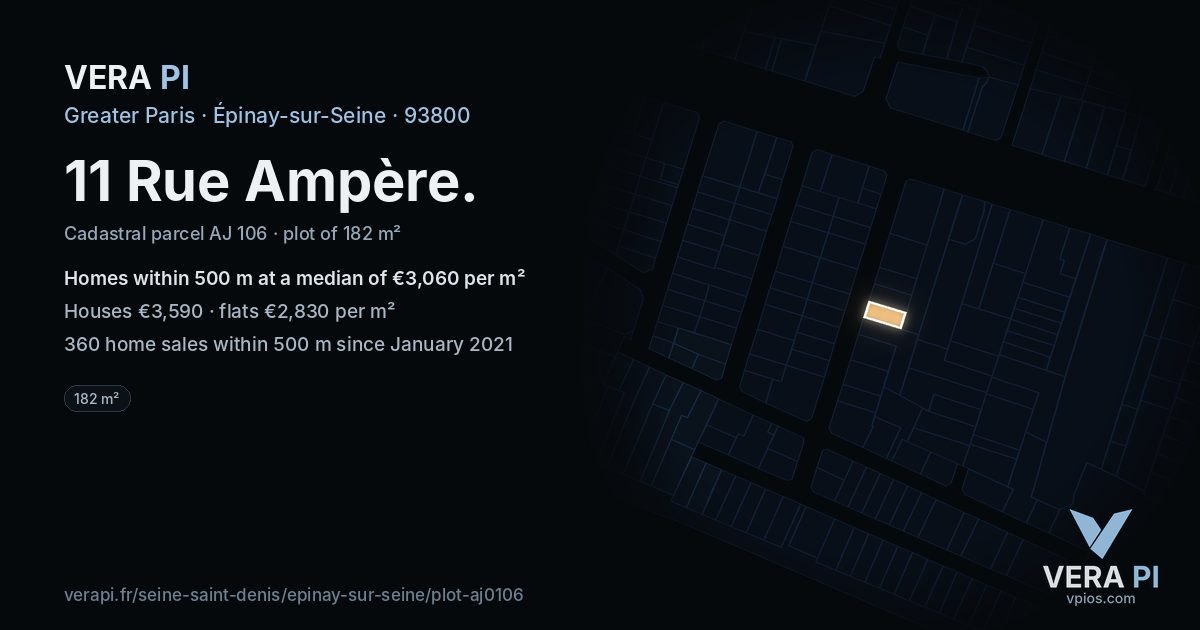 11 Rue Ampère, Épinay-sur-Seine at night – the plot lit, the parcels around coloured by the prices near them