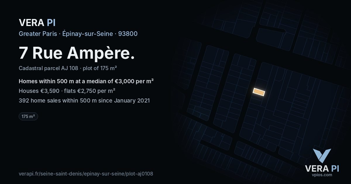 7 Rue Ampère, Épinay-sur-Seine at night – the plot lit, the parcels around coloured by the prices near them
