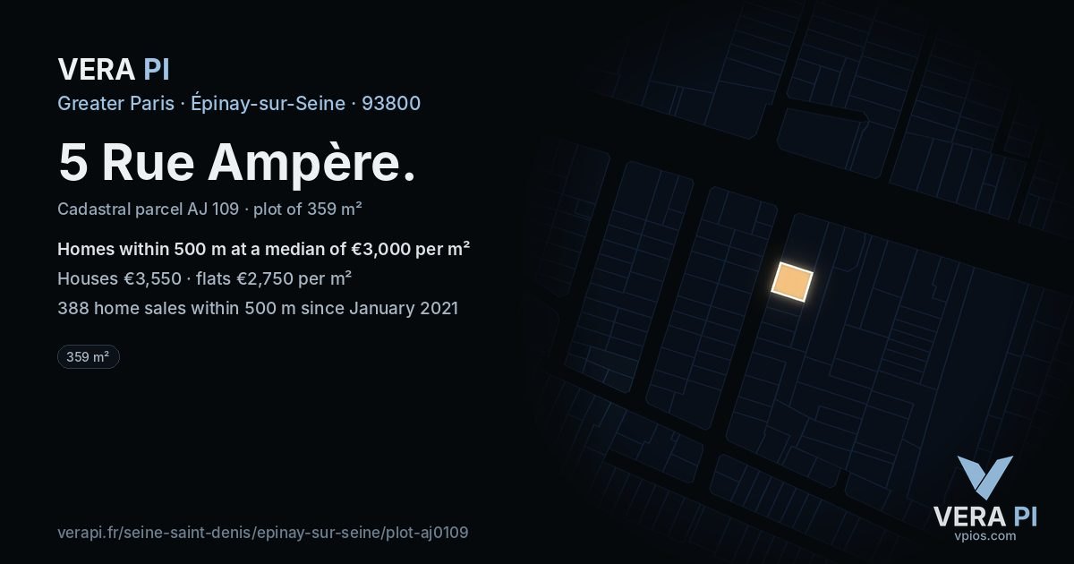 5 Rue Ampère, Épinay-sur-Seine at night – the plot lit, the parcels around coloured by the prices near them