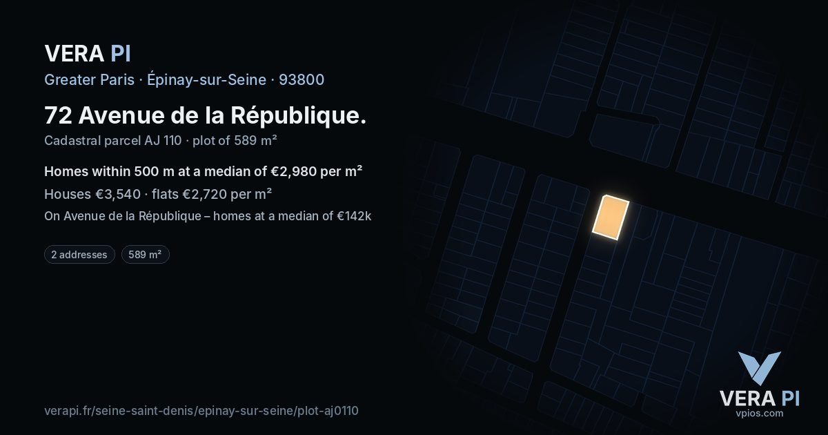 72 Avenue de la République, Épinay-sur-Seine at night – the plot lit, the parcels around coloured by the prices near them