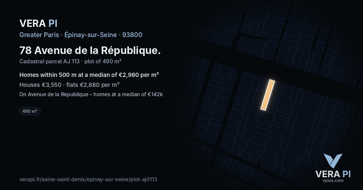 78 Avenue de la République, Épinay-sur-Seine at night – the plot lit, the parcels around coloured by the prices near them