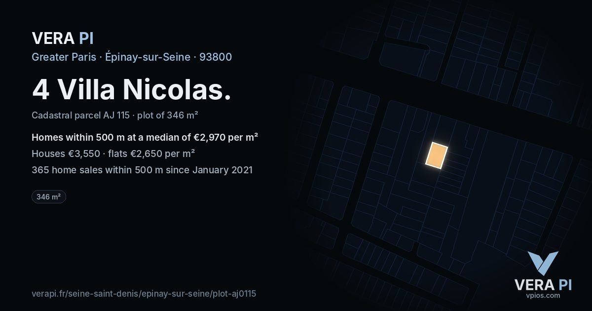 4 Villa Nicolas, Épinay-sur-Seine at night – the plot lit, the parcels around coloured by the prices near them