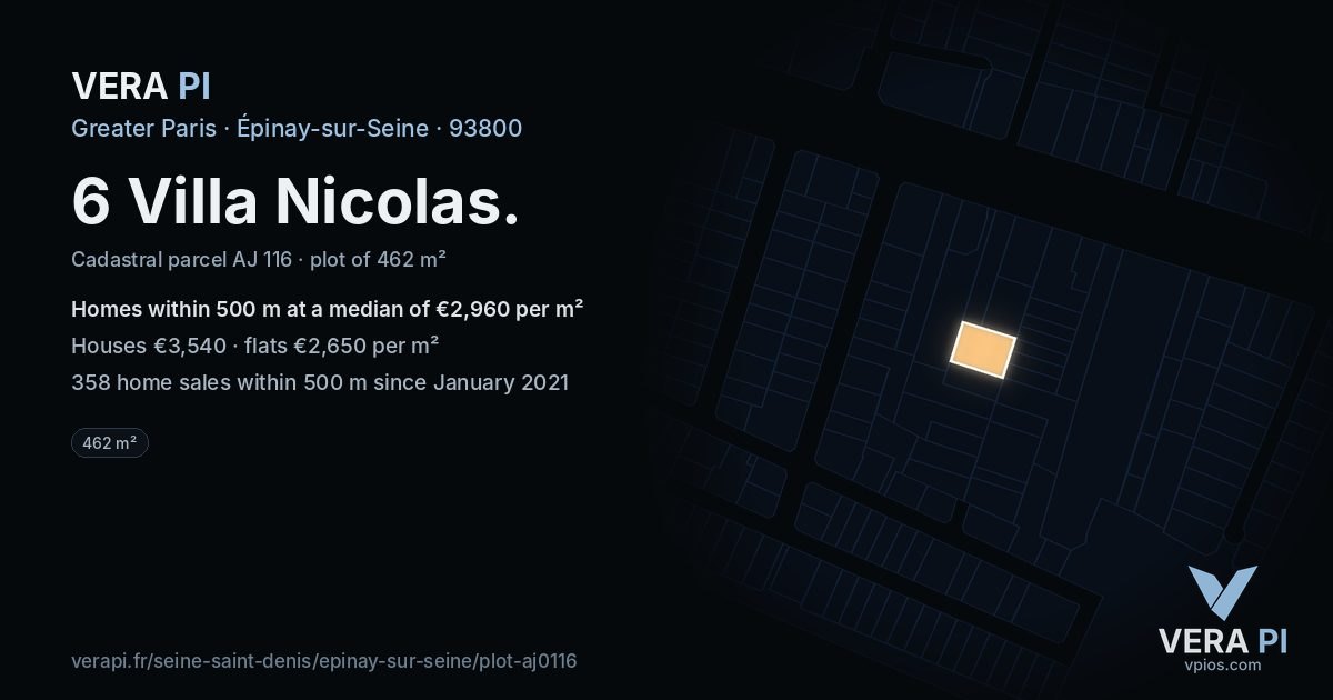 6 Villa Nicolas, Épinay-sur-Seine at night – the plot lit, the parcels around coloured by the prices near them