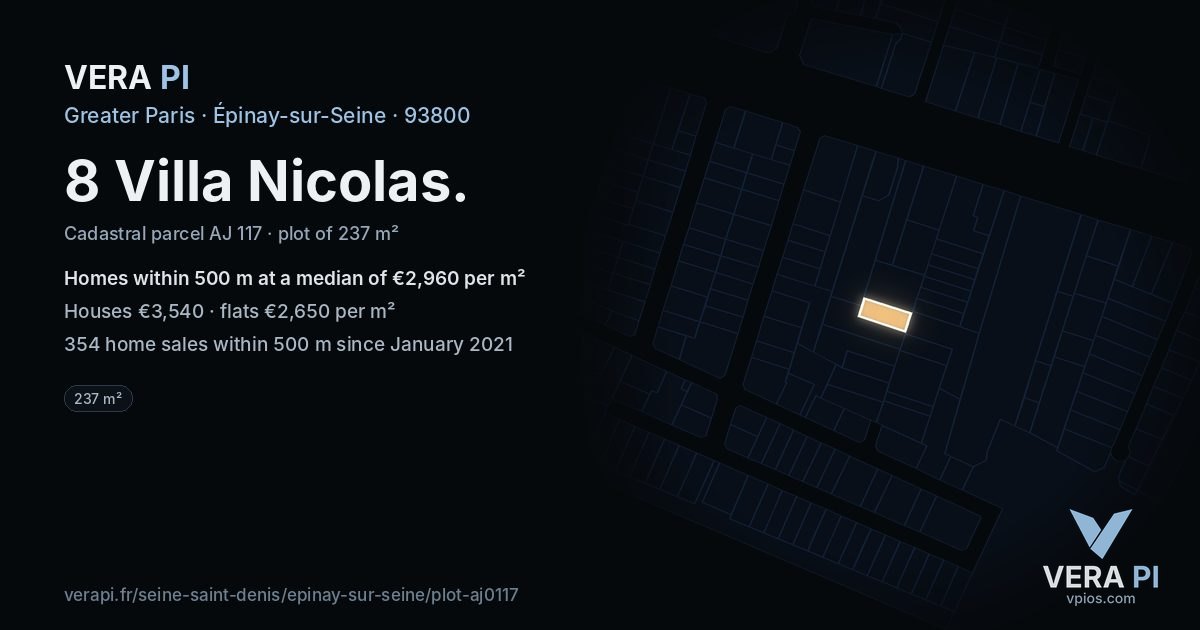 8 Villa Nicolas, Épinay-sur-Seine at night – the plot lit, the parcels around coloured by the prices near them