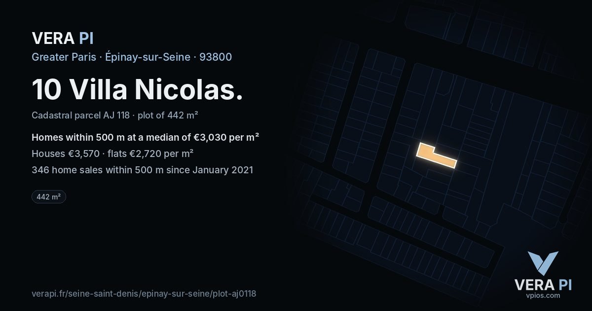 10 Villa Nicolas, Épinay-sur-Seine at night – the plot lit, the parcels around coloured by the prices near them