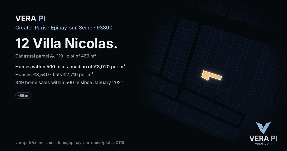 12 Villa Nicolas, Épinay-sur-Seine at night – the plot lit, the parcels around coloured by the prices near them