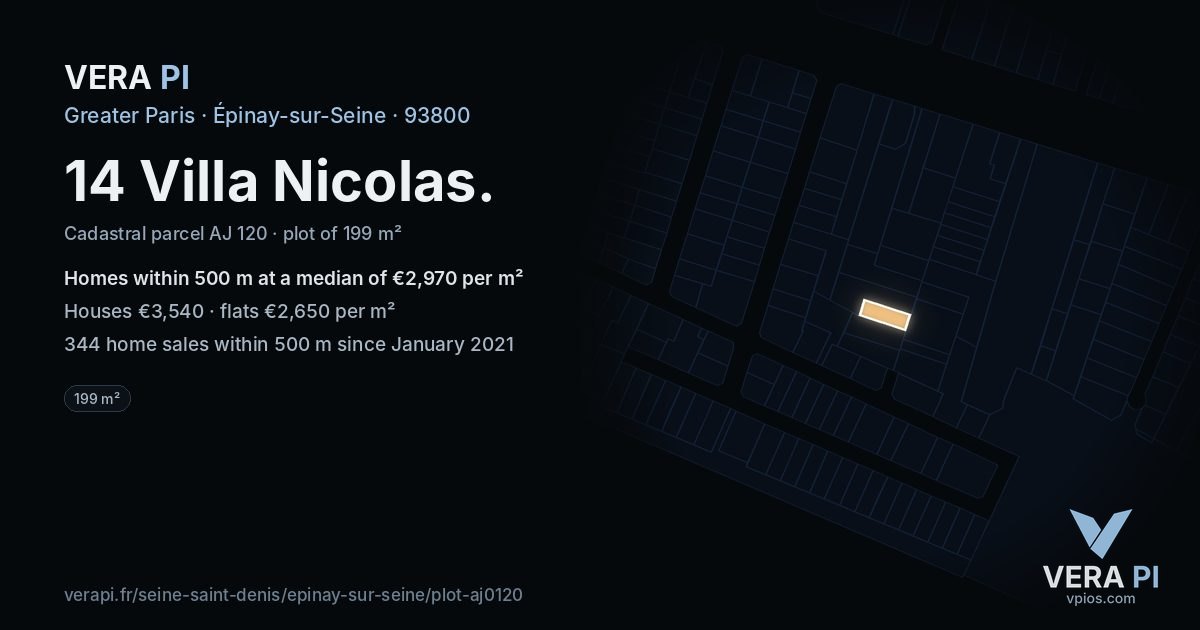 14 Villa Nicolas, Épinay-sur-Seine at night – the plot lit, the parcels around coloured by the prices near them