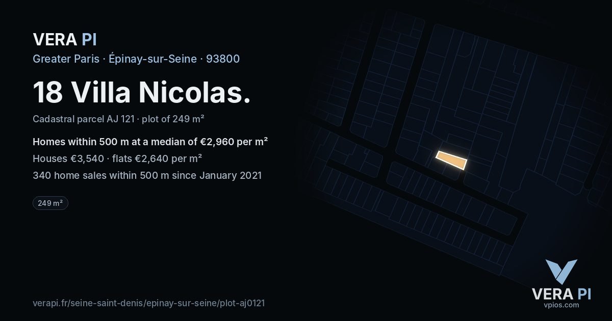 18 Villa Nicolas, Épinay-sur-Seine at night – the plot lit, the parcels around coloured by the prices near them