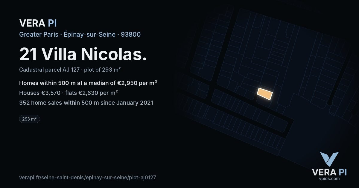 21 Villa Nicolas, Épinay-sur-Seine at night – the plot lit, the parcels around coloured by the prices near them