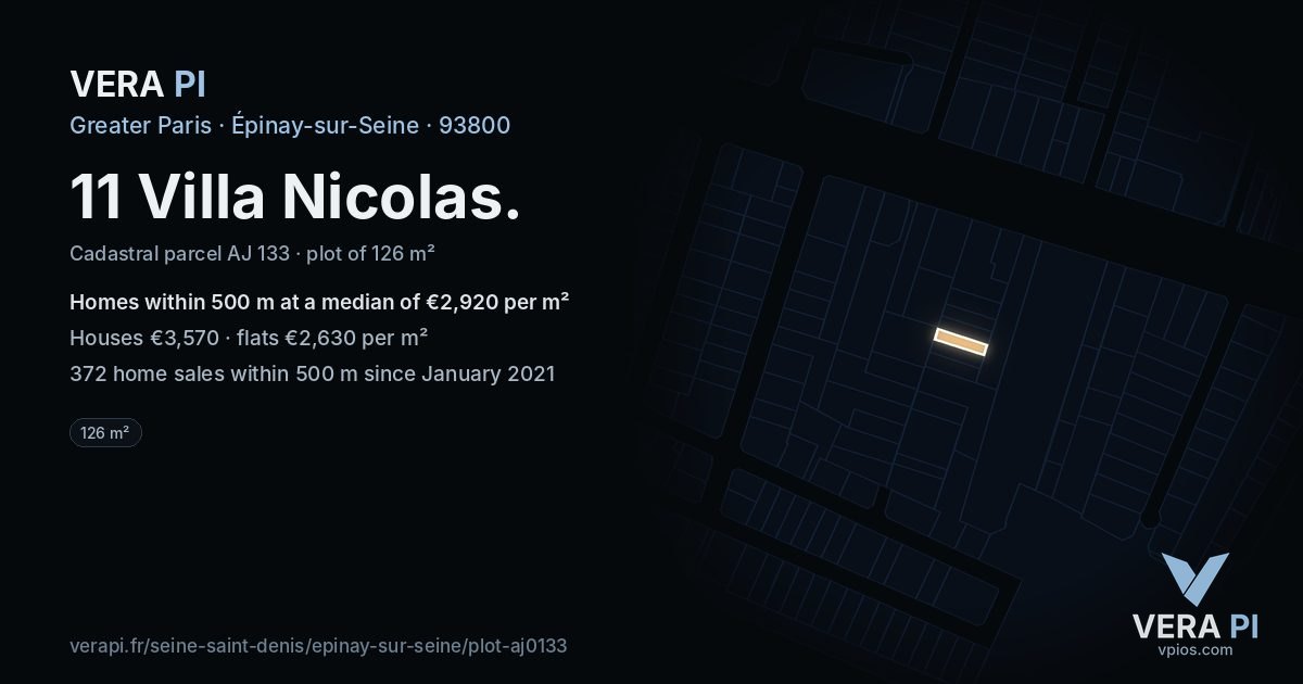 11 Villa Nicolas, Épinay-sur-Seine at night – the plot lit, the parcels around coloured by the prices near them