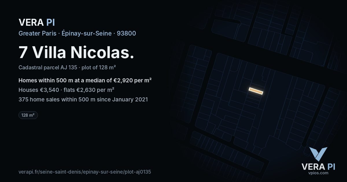 7 Villa Nicolas, Épinay-sur-Seine at night – the plot lit, the parcels around coloured by the prices near them