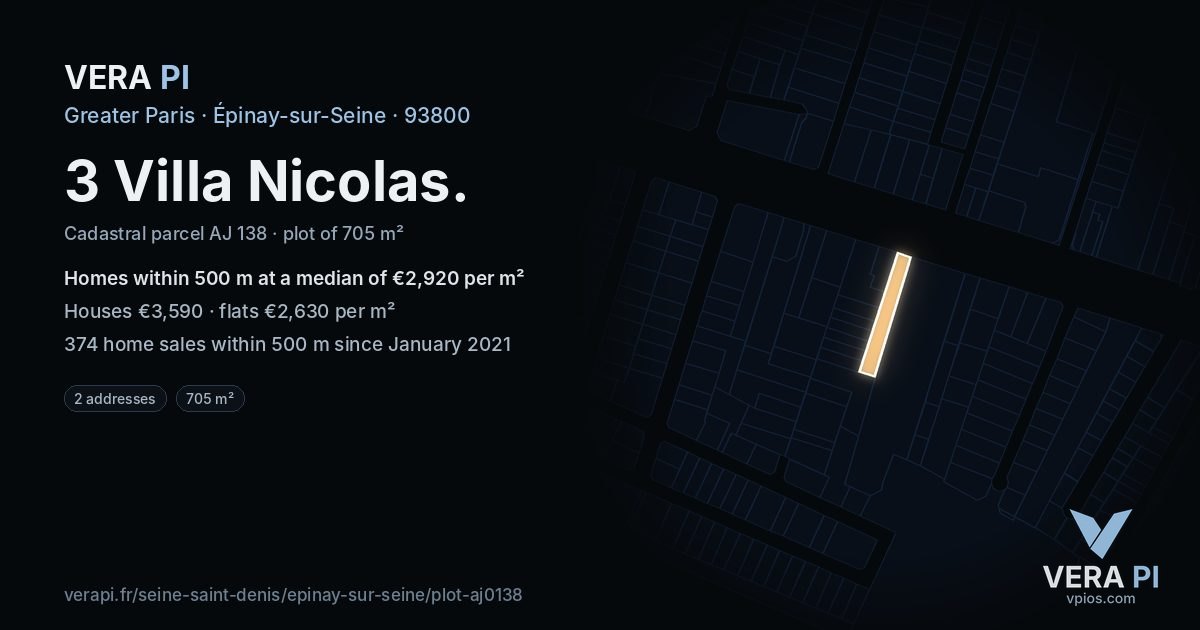 3 Villa Nicolas, Épinay-sur-Seine at night – the plot lit, the parcels around coloured by the prices near them