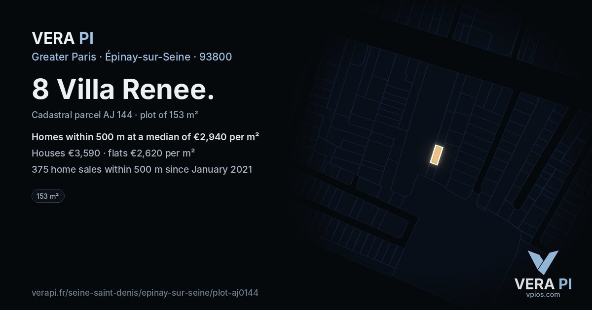 8 Villa Renee, Épinay-sur-Seine at night – the plot lit, the parcels around coloured by the prices near them
