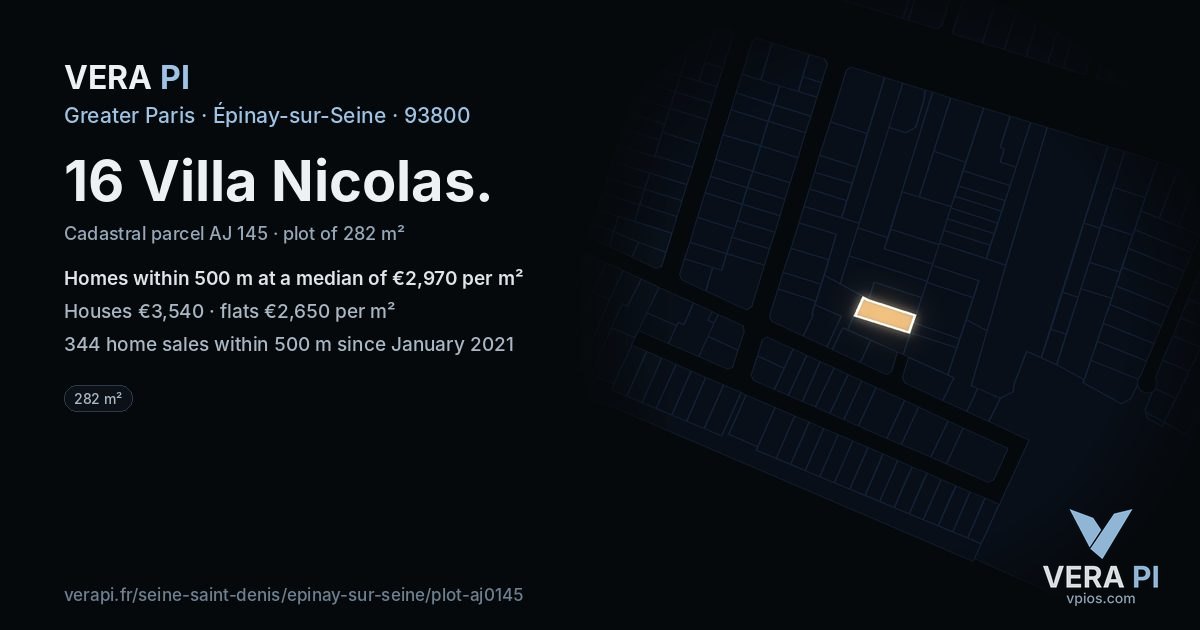 16 Villa Nicolas, Épinay-sur-Seine at night – the plot lit, the parcels around coloured by the prices near them