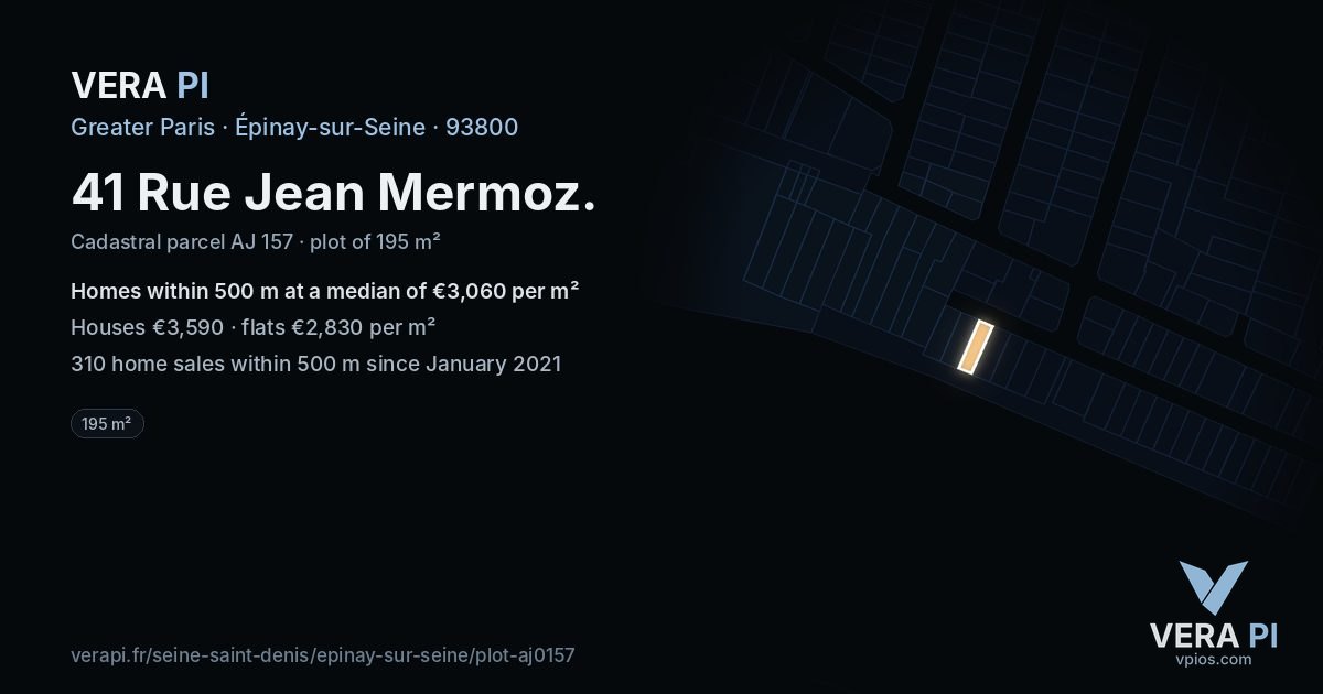 41 Rue Jean Mermoz, Épinay-sur-Seine at night – the plot lit, the parcels around coloured by the prices near them